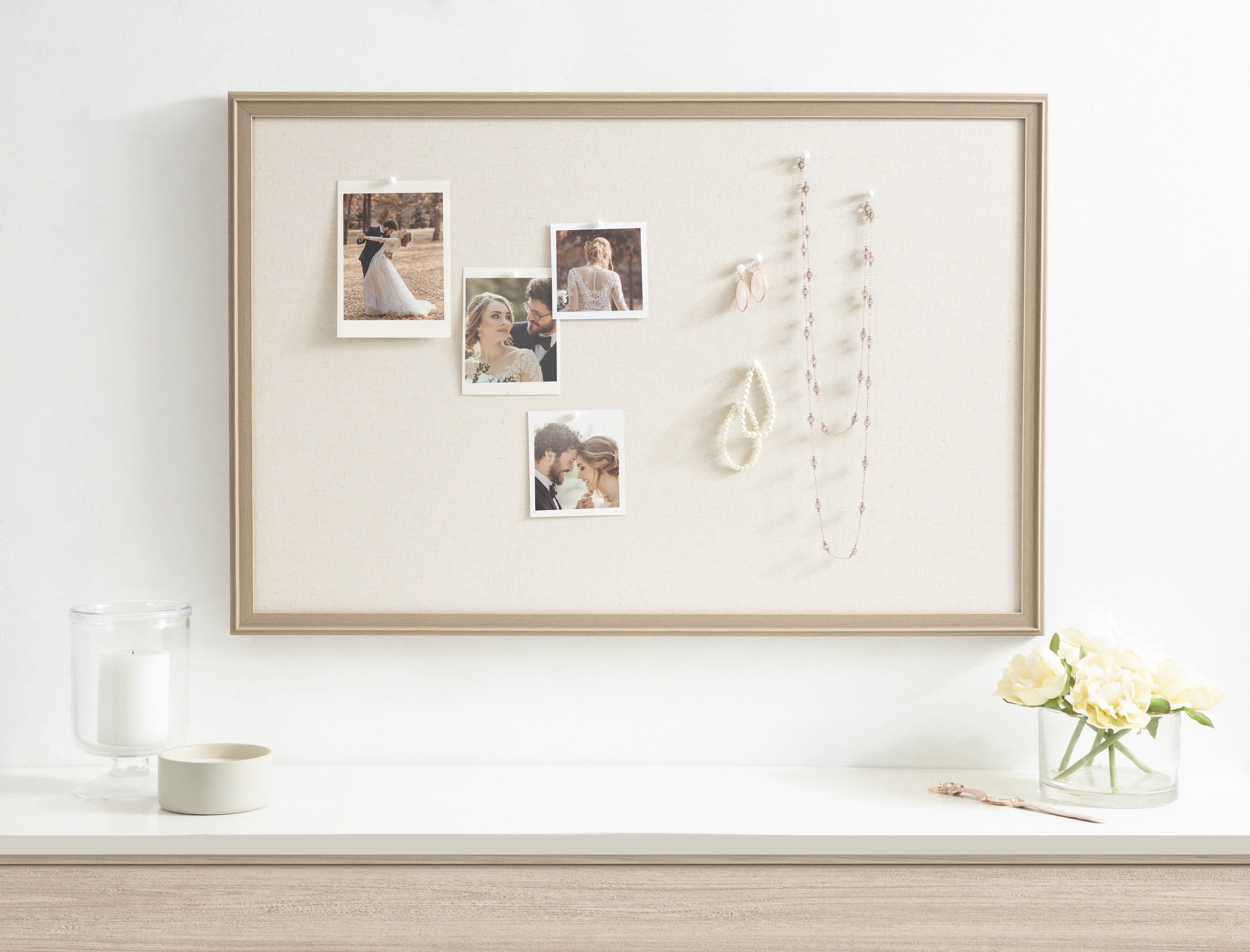 Kate and Laurel Oakhurst Rectangle Framed Linen Fabric Pinboard, 24 x 36, Light Tan, Traditional Decorative Bulletin Board with Stepped Profile and Lightly Distressed Finish