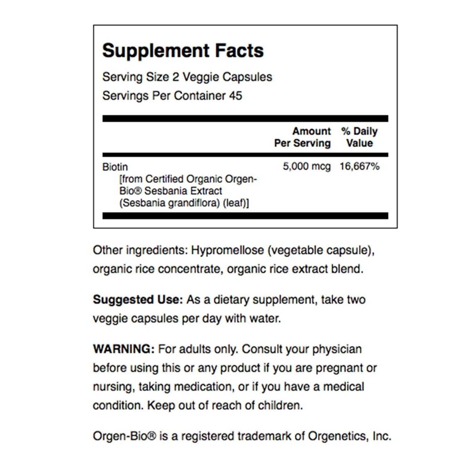 Swanson Real Food Biotin Vitamin B-7 Hair Skin Nail Metabolism Health from Organic Hummingbird Tree Extract Vegan Gluten-Free Non-GMO B7 5000 mcg 90 Veggie Capsules (Caps)