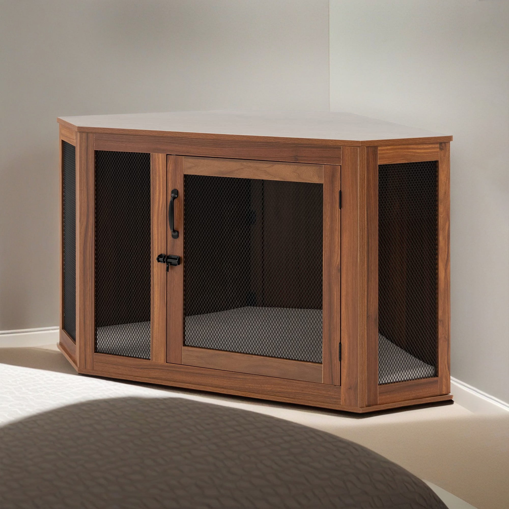 Kadyn 45" Dog Crate Furniture for Small Dogs with Door Lock and Cushion, Corner Fence Dog Cage for Indoor Dogs, Brown