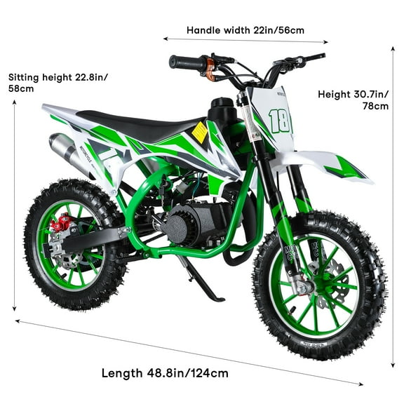 49cc 2-Stroke Kids Dirt Bike | Gas Power Off-Road Mini Motocross | Front & Rear Disc Brakes, Automatic Transmission | 15-20 MPH, for Ages 13 , 220LBS Capacity (Green)