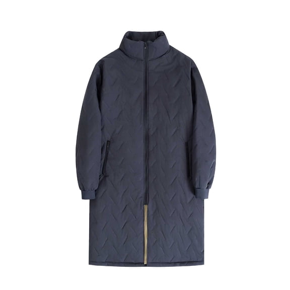 Donemore Men's Stand Collar Long Thermal Insulated Jacket with Quilted Detailing and Dual Pockets Urban Streetwear Winter Coat