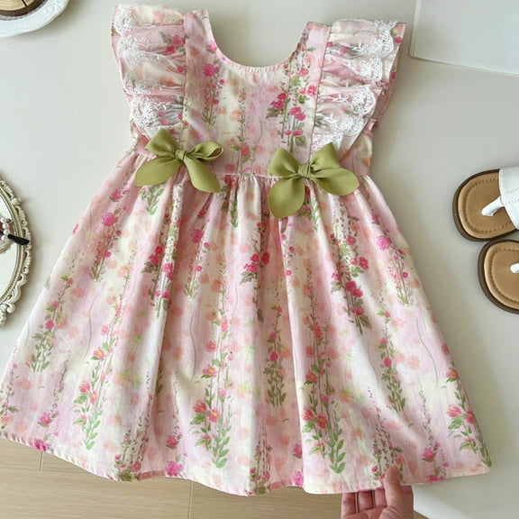 WOYY Girl Lace Ruffle Sleeveless Floral Dress Summer Bow Princess Dress
