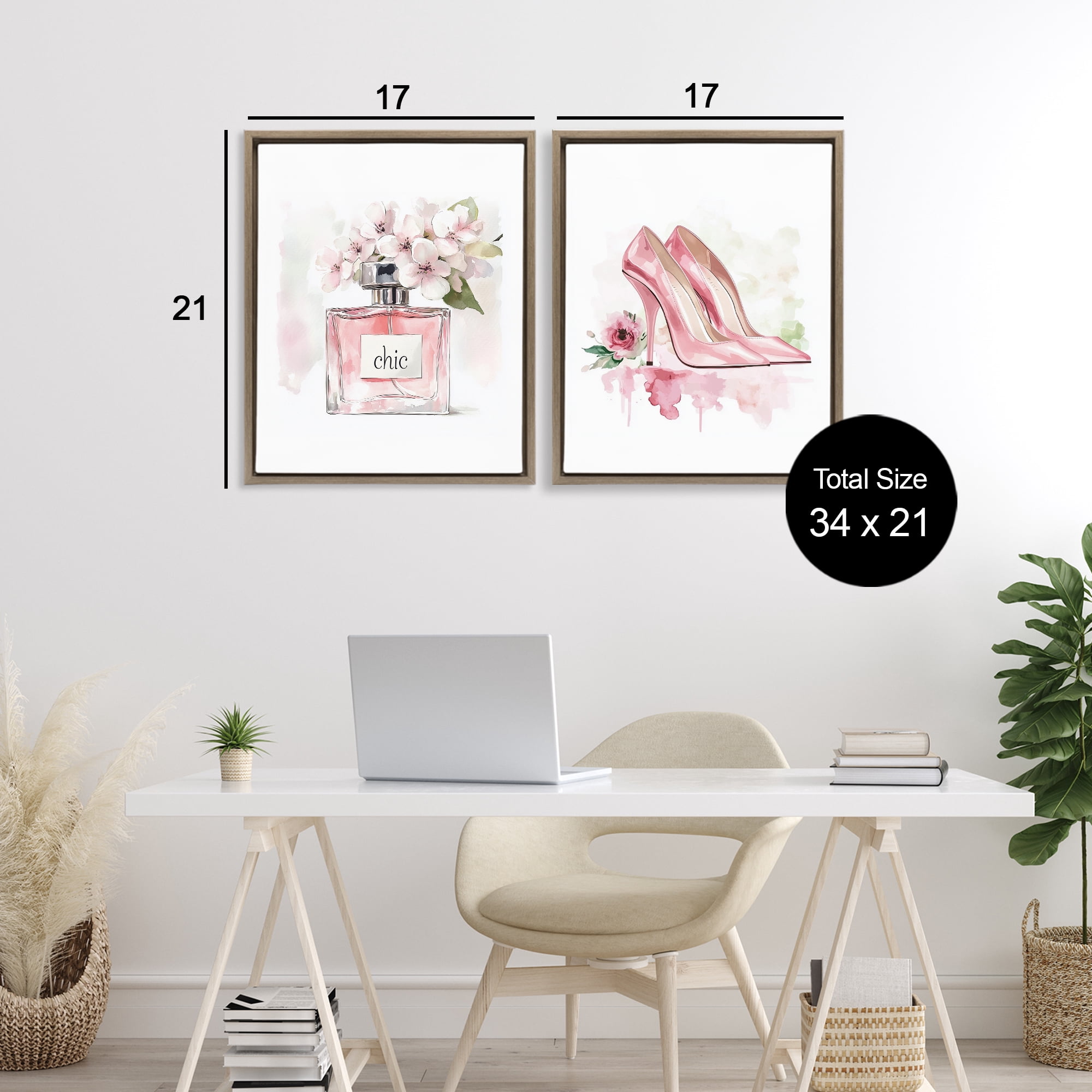 Rosy Pastel Perfume & Heels 2 Piece Brown Framed Floater Canvas Set, design by Christine Simpson Art