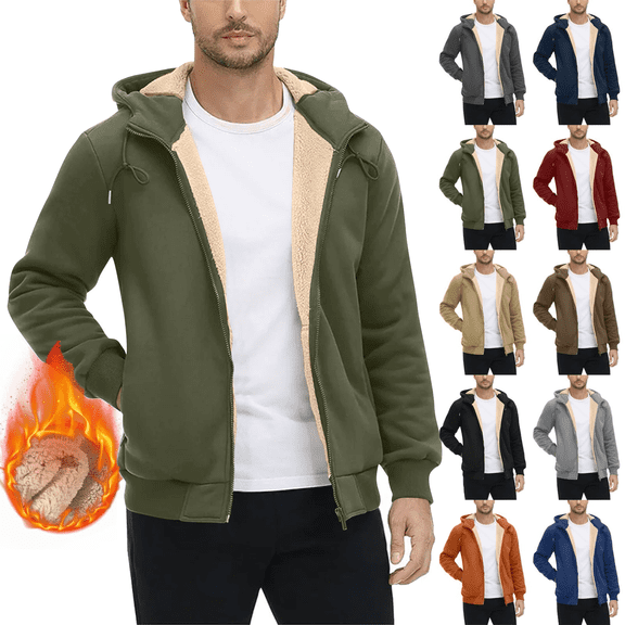 Heavyweight Hoodies for Men Zip Up Sherpa Lined Sweatshirt Windproof Fleece Jacket Winter Thermal Warm Casual for Cold Weather
