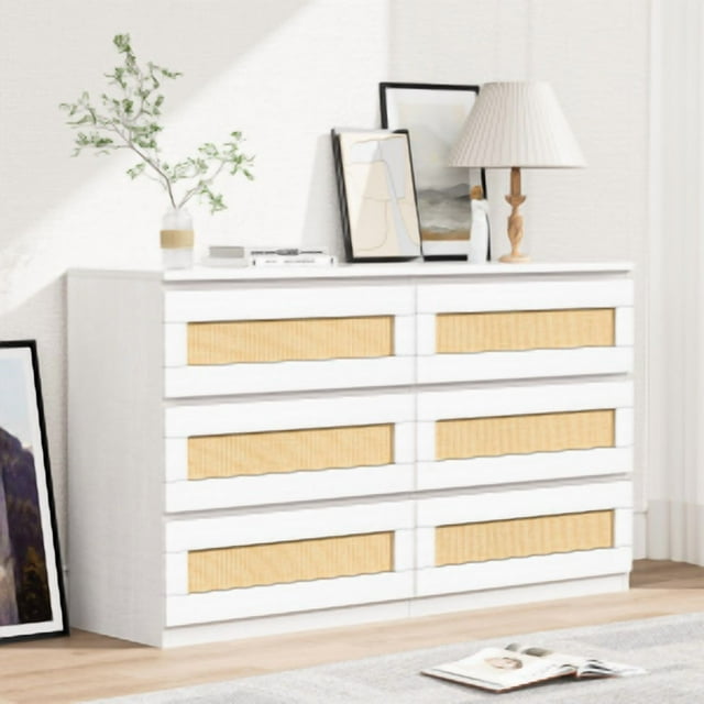 Rattan Dresser for Bedroom with 6 Drawers, 47" Modern Farmhouse Wide Chest of Drawers, Wood Storage Cabinet Organizer for Closet, Living Room, Hallway