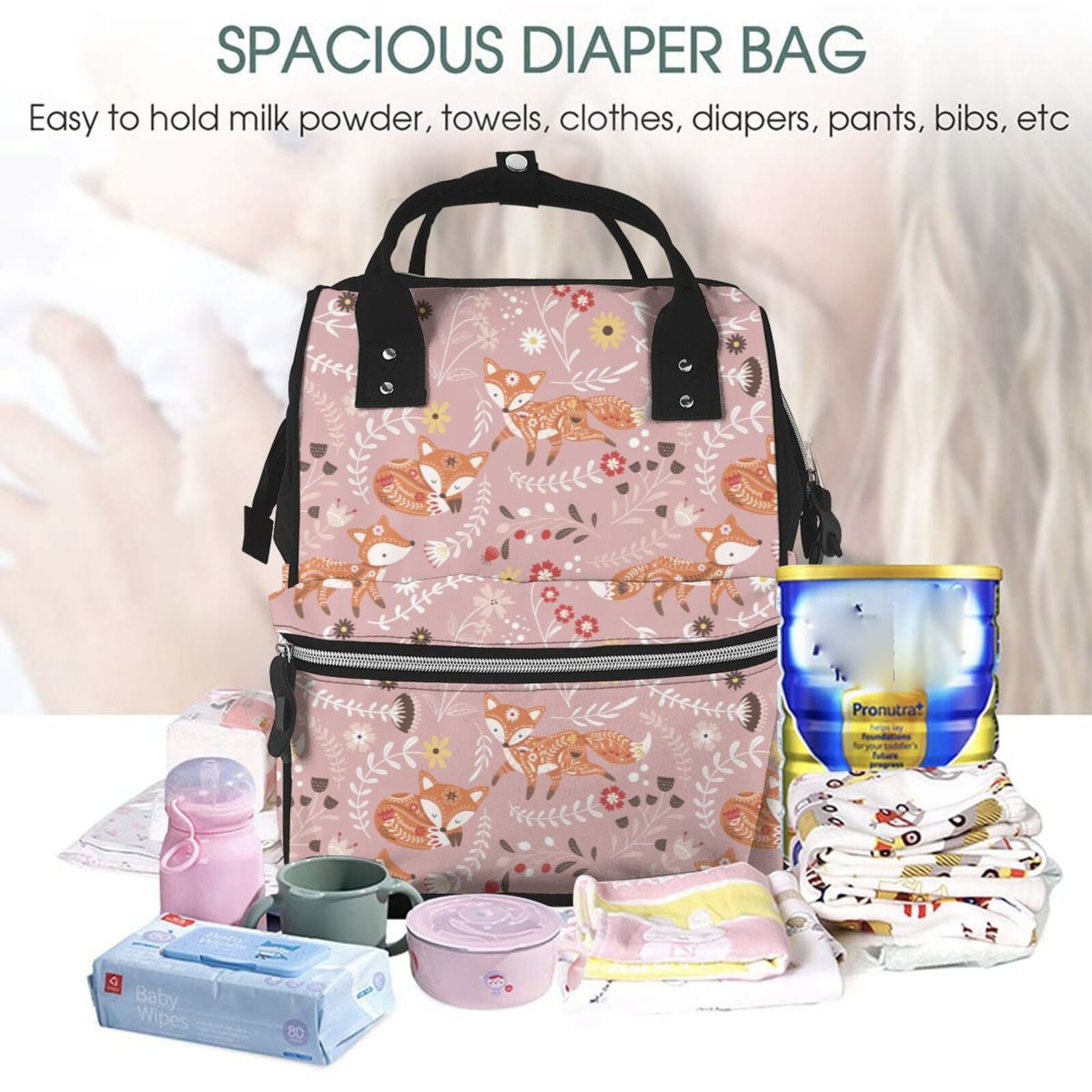 Ratiio Beautiful Fox Mummy Backpack - Waterproof Twill Canvas, Large Capacity Diaper Bag with Multiple Pockets and Adjustable Straps