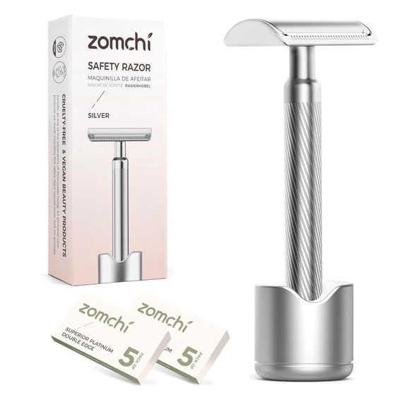 ZOMCHI Double Edge Safety Razor for Men & Women,[New Version 2.0 ] Metal Razor with 10 Double Edge Safety Razor Blades, Single Blade Razor with Stand – Noble Silver