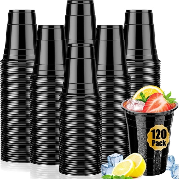 120 Pack 16 oz Black Cups, Heavy Duty Black Plastic Cups for Party, Cold Drinks, BBQ, Black Disposable Cups for Christmas, Halloween, Wedding, Birthday, Picnic, Serving and Celebrations
