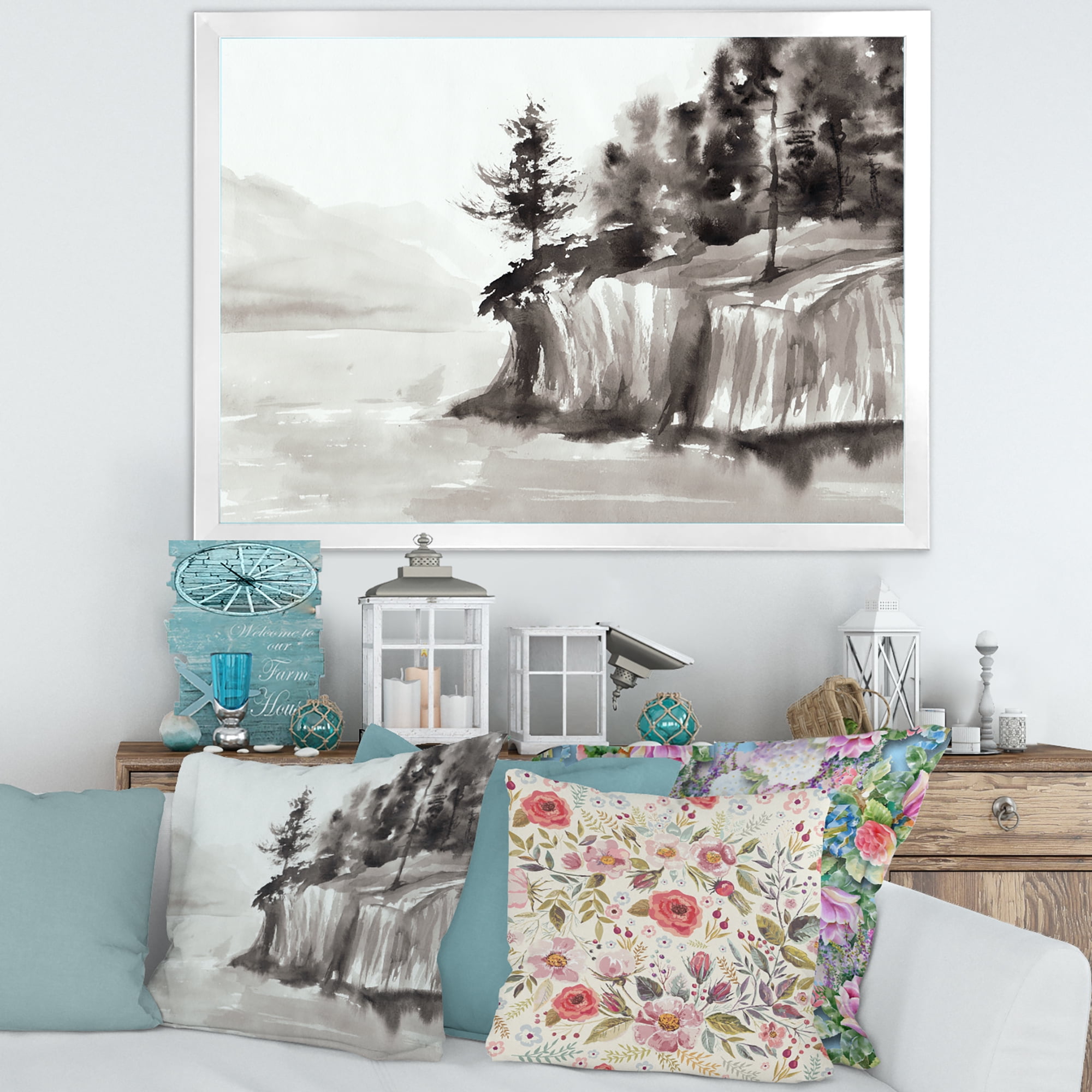 Designart 'Black & White Cliffs By The Lake' Nautical & Coastal Framed Art Print