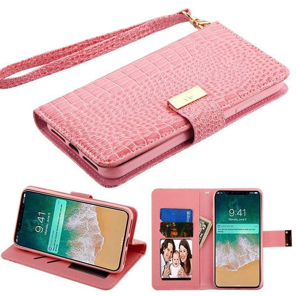 Apple iPhone Xs Max (6.5 Inch) - Phone Case Leather Flip Wallet Case Cover Stand Pouch Book Magnetic Buckle Light Pink Crocodile Embossed Phone Case for Apple iPhone Xs Max