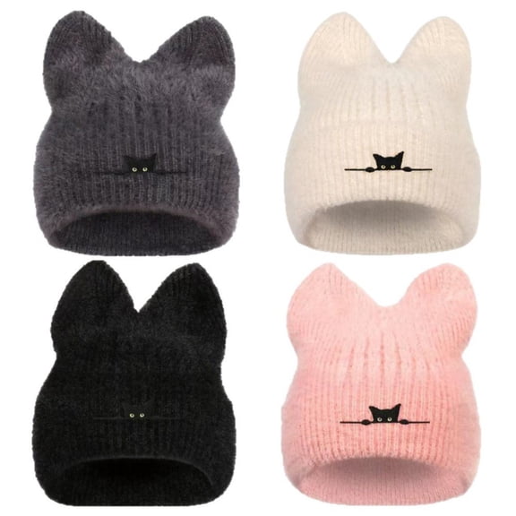 4pcs Cat Ear Knit Hat Women's Embroidery Beanie Winter Hat Warm Soft Knitted Wool Hat Ear-Protecting Windproof Hat for Halloween Valentines Everyday Wear