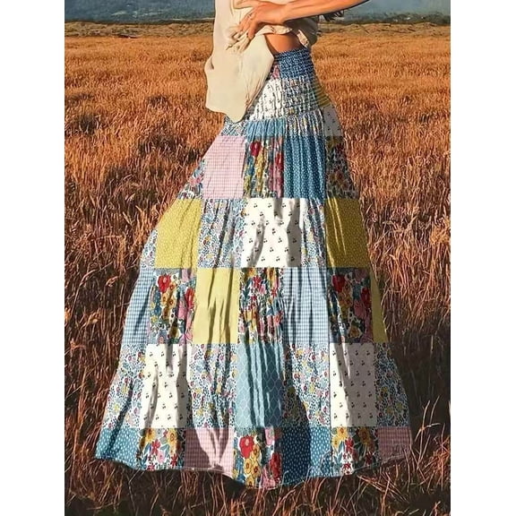 Printed patchwork women's trendy floral long skirt