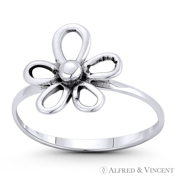 5-Petal Daisy Flower Charm Right-Hand Stackable Ring in Oxidized .925 Sterling Silver