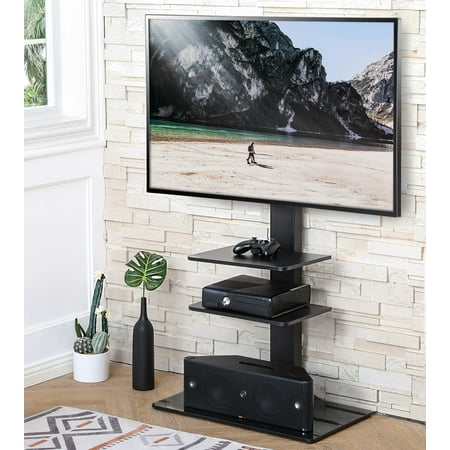 FITUEYES Floor TV Stand with Swivel Mount Glass Base & Two Shelves for up to 65 inch Samsung Vizio TCL LED LCD Flat Screen TVs, TT307001MB-1
