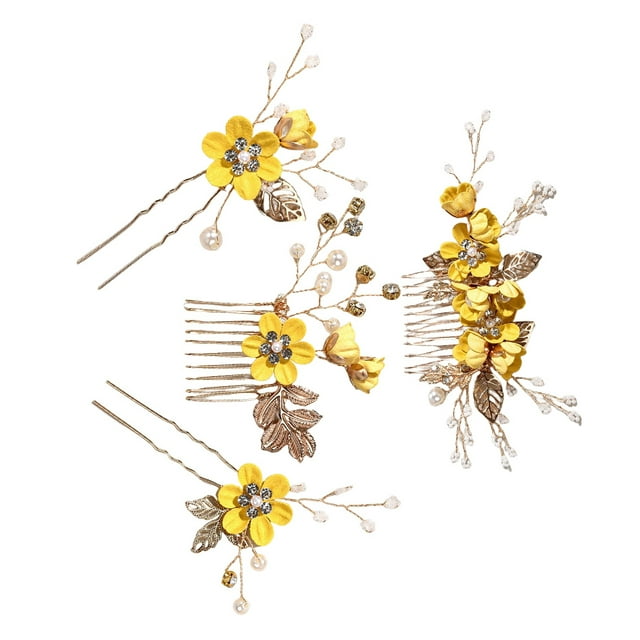 Minnieouse 4 piezas de peinetas de flores para boda, conjunto de decoraciones para niñas, tocado nupcial, adorno, accesorio de joyería de moda Accesorio para el cabello Amarillo Minnieouse AP012181-07