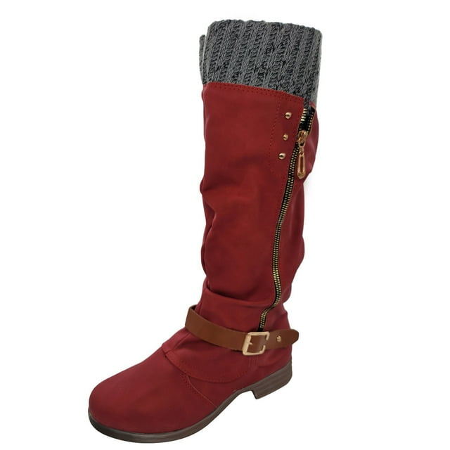 B91xZ Bottes de Cowgirl pour Femmes Largeur Grand Bout Rond Talon Bloc Bottes Hautes d'Hiver, Rouge 8.5
