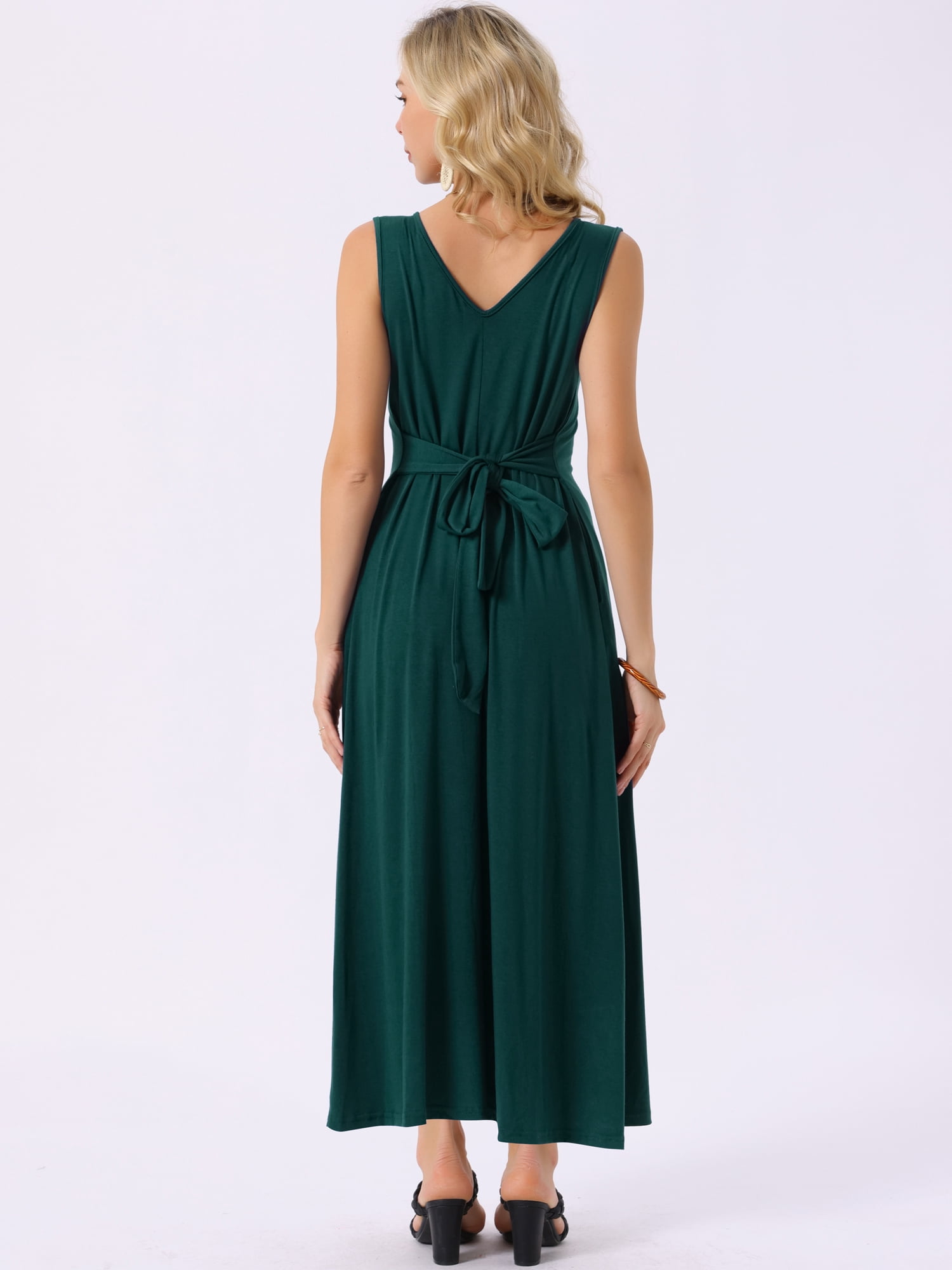 DARING DIVA Maxi Sleeveless V Neck Tie Waist Casual Long Dress XL Dark Green