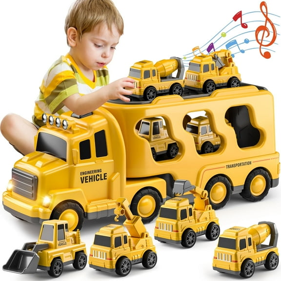 Construction Truck Boy Toys for 3 4 5 6 7 Years Old Engineering Transport Vehicle Carrier Truck, Kids Excavator Crane Gift Toys for Boys & Girls Aged 4-6