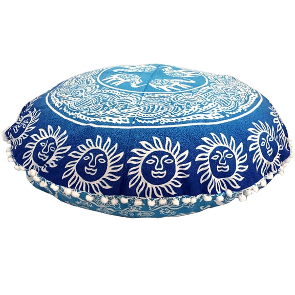 Stylo Culture Ethnic Round Throw Pillows For Couch Mandala Floor Pillow Cushion 32" Boho Room Seating Throw Cover Floor Cushion Cover Blue 32x32 Big Decorative Pom Pom Lace Cotton Elephant 1 Pc