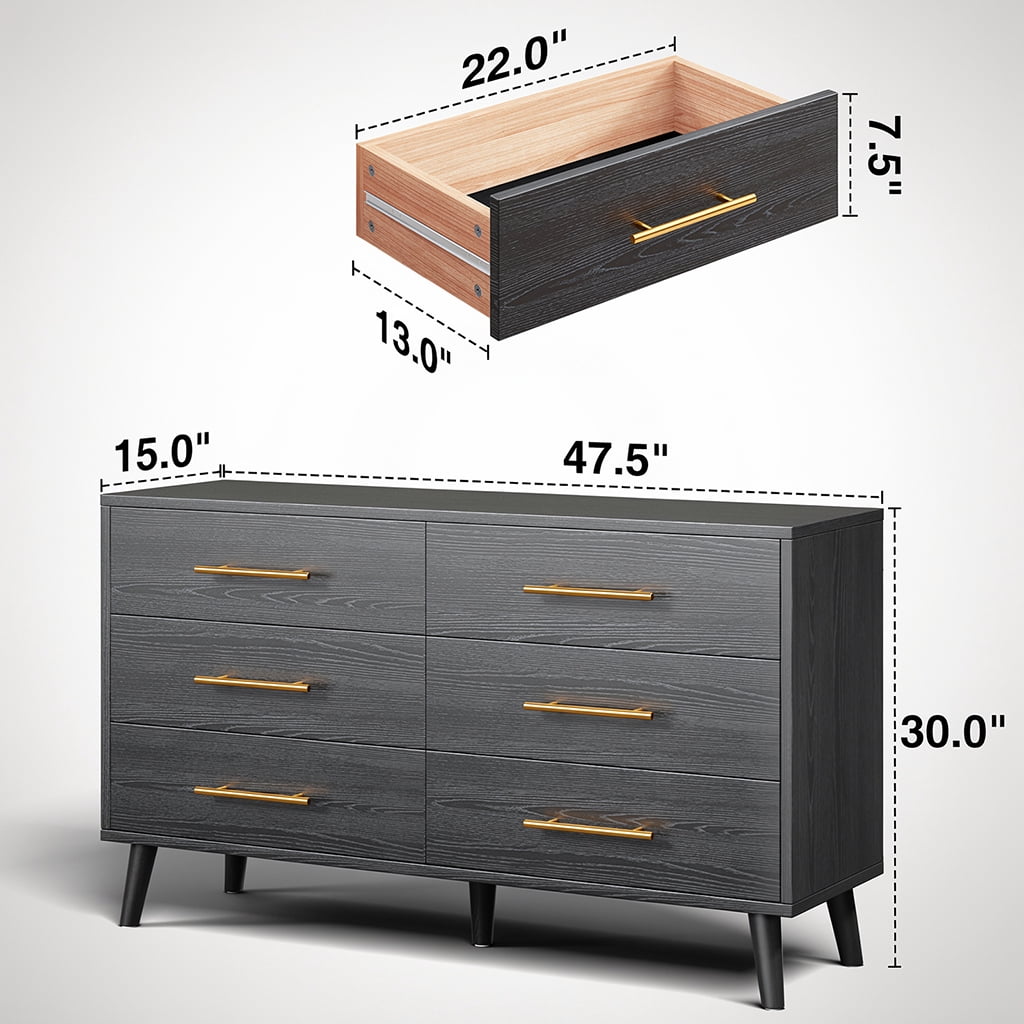 Queen Upholstered Platform Bed Frame with Headboard and 4 Wood Dressers (2,5,6 Drawer) - Modern Bedroom Furniture Set with Sturdy Slats, Noise Free - Gray & Black