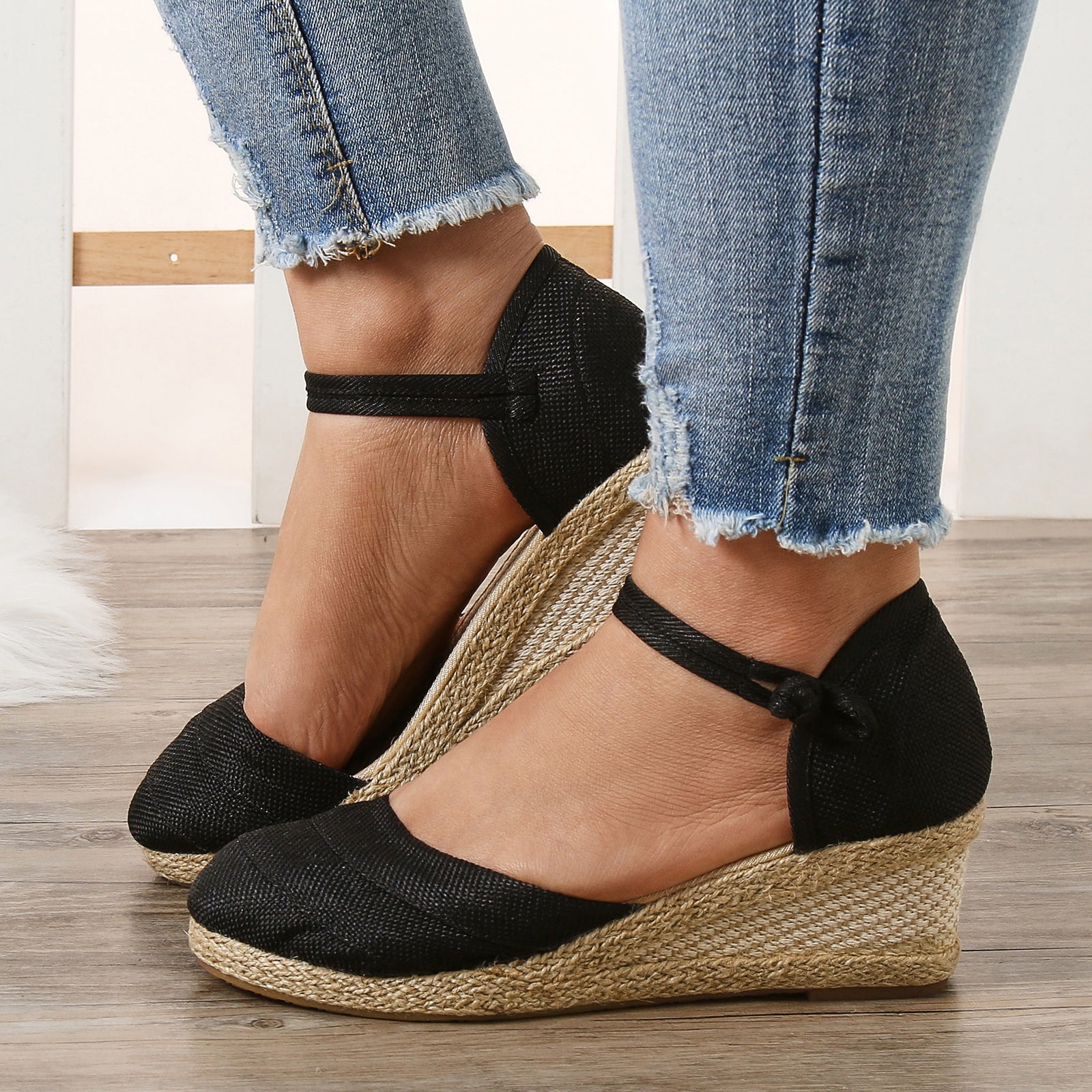 Ketyyh chn99 Walking Sandals for Womens Dress Shoes Bass Sandals for Women Leather Wedge Sandals Fashion Versatile Braided Buckle Breathable Wedge Sandals Black 7.5 Walmart