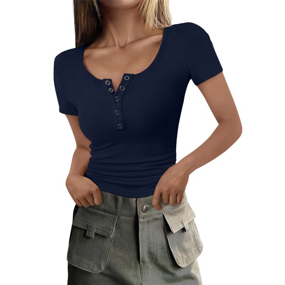 Charmgo Haut pour Femmes Tendance Été Couleur Unie T-Shirt Décontracté Col en U Manches Courtes Haut Décontracté Henley Chemises Côtelées Ajustées Basique Bleu TTTG