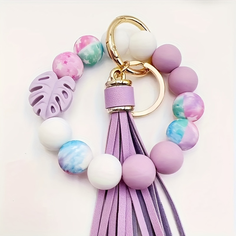 Silicone bead keychain with tassel and maple leaf pendant, stylish keychain bracelet, cool summer style, women's keychain,Purple