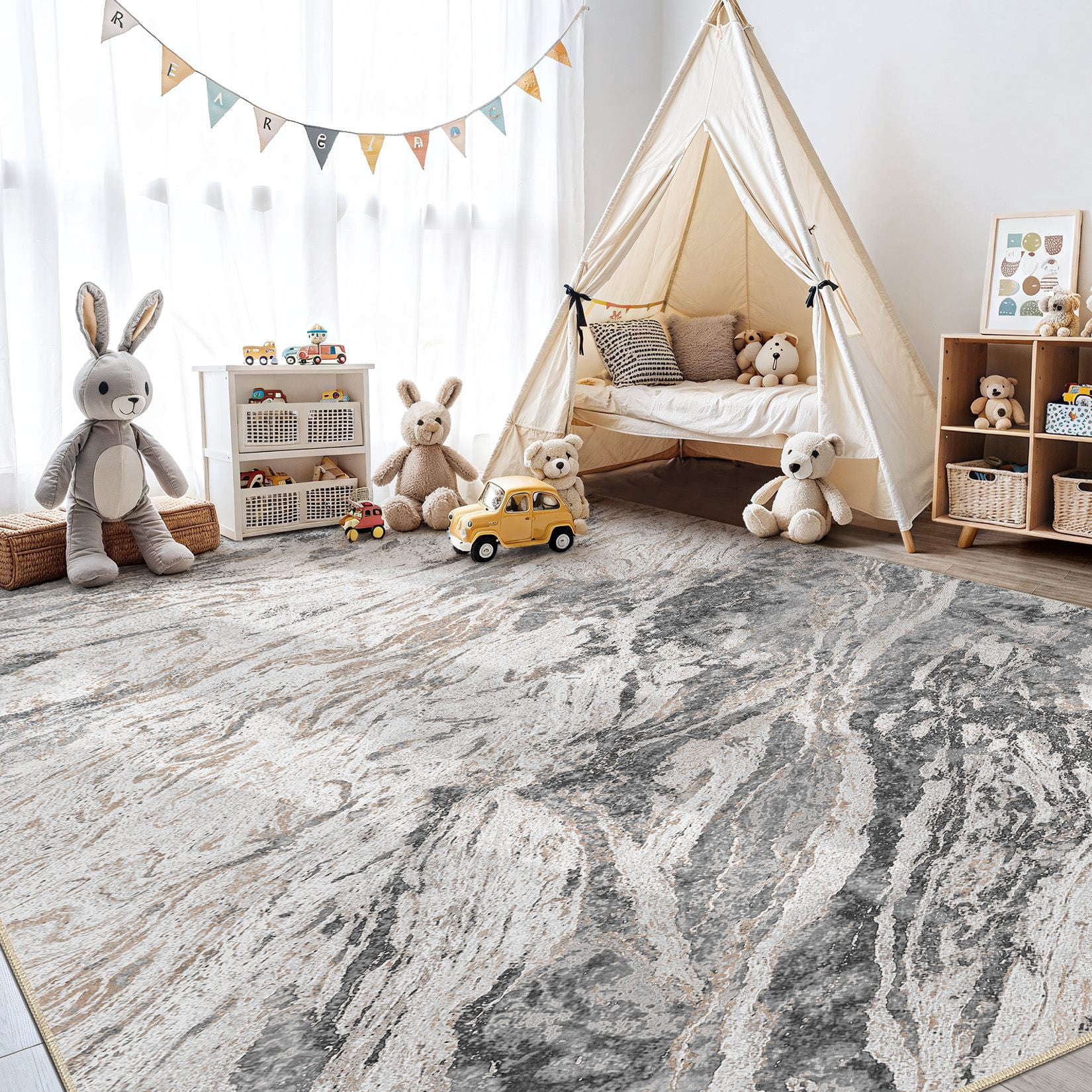 MICGEEK 5x7 Washable Area Rugs for Living Room, Modern Abstract Printed Rug, Vacuum-Friendly, Non Slip Indoor Rug for Bedroom Dining Room Home Decor Carpet, Gray/Brown