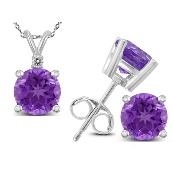 Genuine 3.61 Carat Natural 7mm Round Shaped Amethyst with White Topaz Necklace & Earrings Set In 925 Sterling Silver