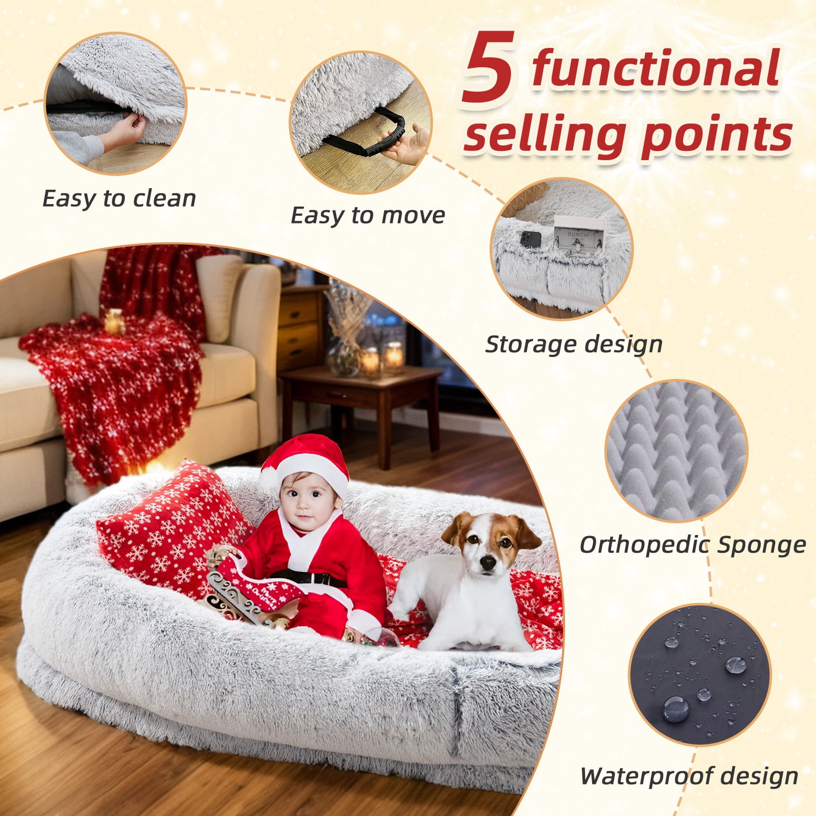Dokdogs Human Dog Bed, 70"x44"x11" Size Fits You and Pets, Washable Faux Fur Dog Bed for People Doze off, Napping Orthopedic Dog Bed, Present Plump Pillow, Blanket, Strap - Grey Christmas Edition