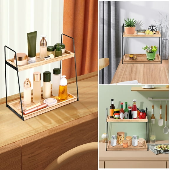 FUYGRCJ 2 Tier Bathroom Counter Organizer, Wood Bathroom Organizer Countertop, Corner Storage Shelf, Counter Standing Rack Storage Shelf Tray for Organizing Kitchen Office Desk Vanity Cosmetic