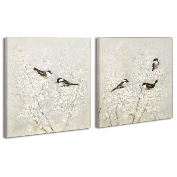 ArtbyHannah 2 Pack 20x20 inch Birds and Flowers Canvas Painting Wall Art, Large Oil Paintings