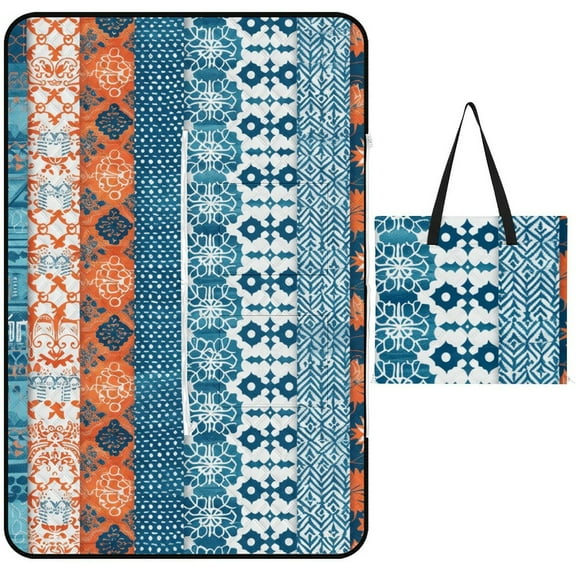 Blue Geometric Outdoor Picnic Blanket, Foldable Waterproof Beach Mat, Portable Beach Blanket for Beach Camping, Hiking, Family Concerts