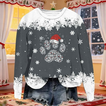 asdoklhq Christmas Shirts for Women Christmas Fashion Casual Printed Round Neck Loose Long Sleeve Capless Sweatshirt Top Gray L