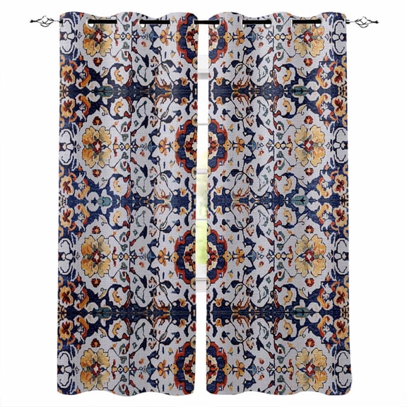 Boho Blue Yellow Kitchen Curtains Retro Bohemian Flower Leaf Tribal Cafe Short Curtains for Bathroom Blackout Window Curtain Grommet Small Window Treatment Drapes for Bedroom Living Room 27.5"x39"x2