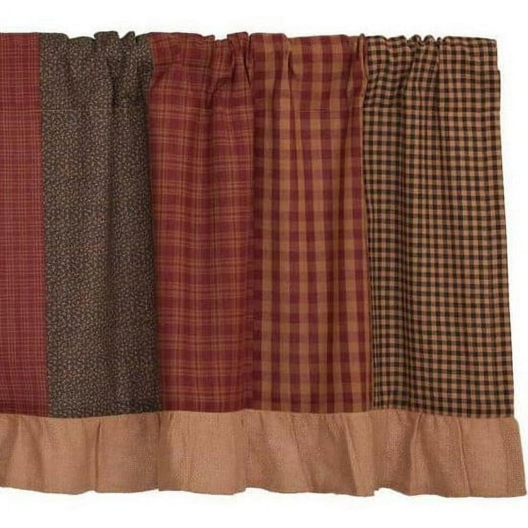 VHC Brands Rustic Plaid Valance - 18x72 Inch Burgundy Patchwork Curtain Topper For Bathroom Or Kitchen