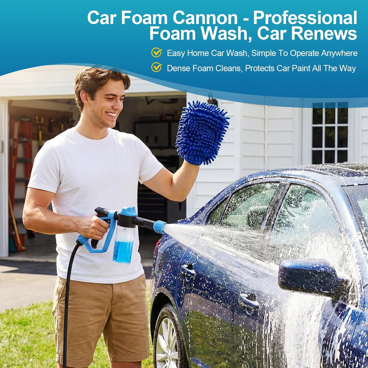 Car Wash Foam Gun for Garden Hose, Foam Cannon Car Wash Kit with Microfiber Wash Mitt, High Pressure Nozzle & 3 Spray Modes, Hose Foam Blaster for Cars, Trucks, RV, Motorcycle Cleaning - Blue