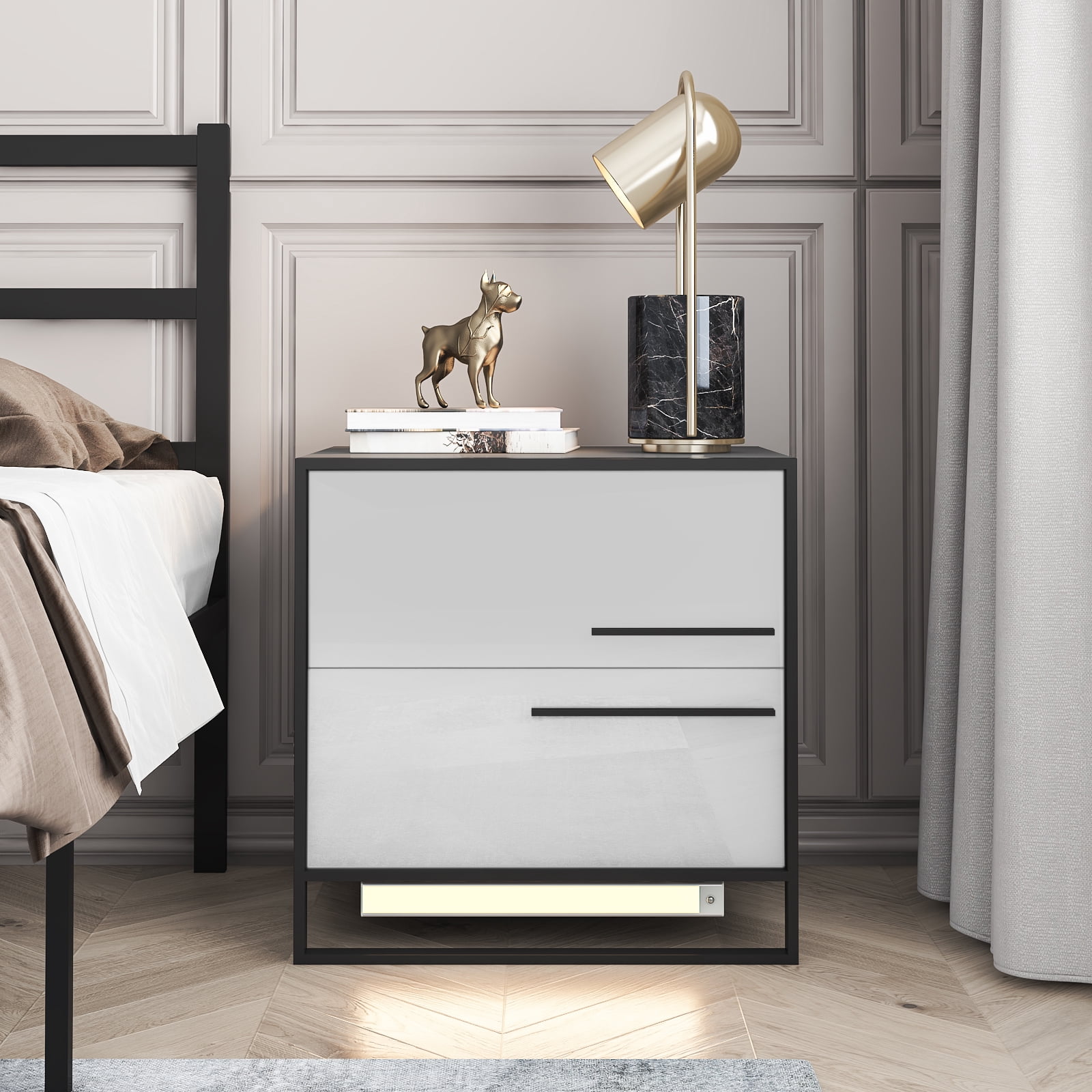 Hommpa LED Nightstand 2 Drawer Modern Bedside Table 3 Color Led Light Magnetic Auto Wireless Infrared Sensing Adjustable Brightness Gray Smart Night Stand with Metal Frame Side Table for Bedroom