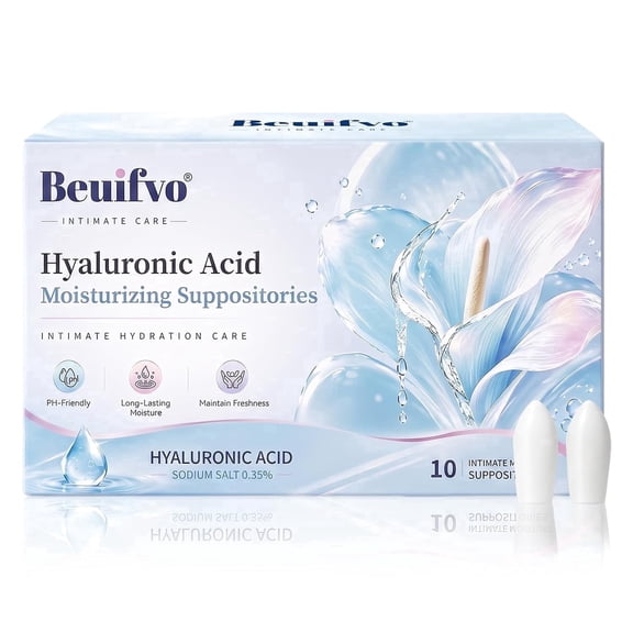 Vaginal Moisturizing Suppositories | 15 mg Hyaluronic Acid | Long-Lasting 72-Hour Hydration | PH-Balanced Formula for Vaginal Dryness | Menopause & Hormonal Changes | 10 Inserts | 1 Pack