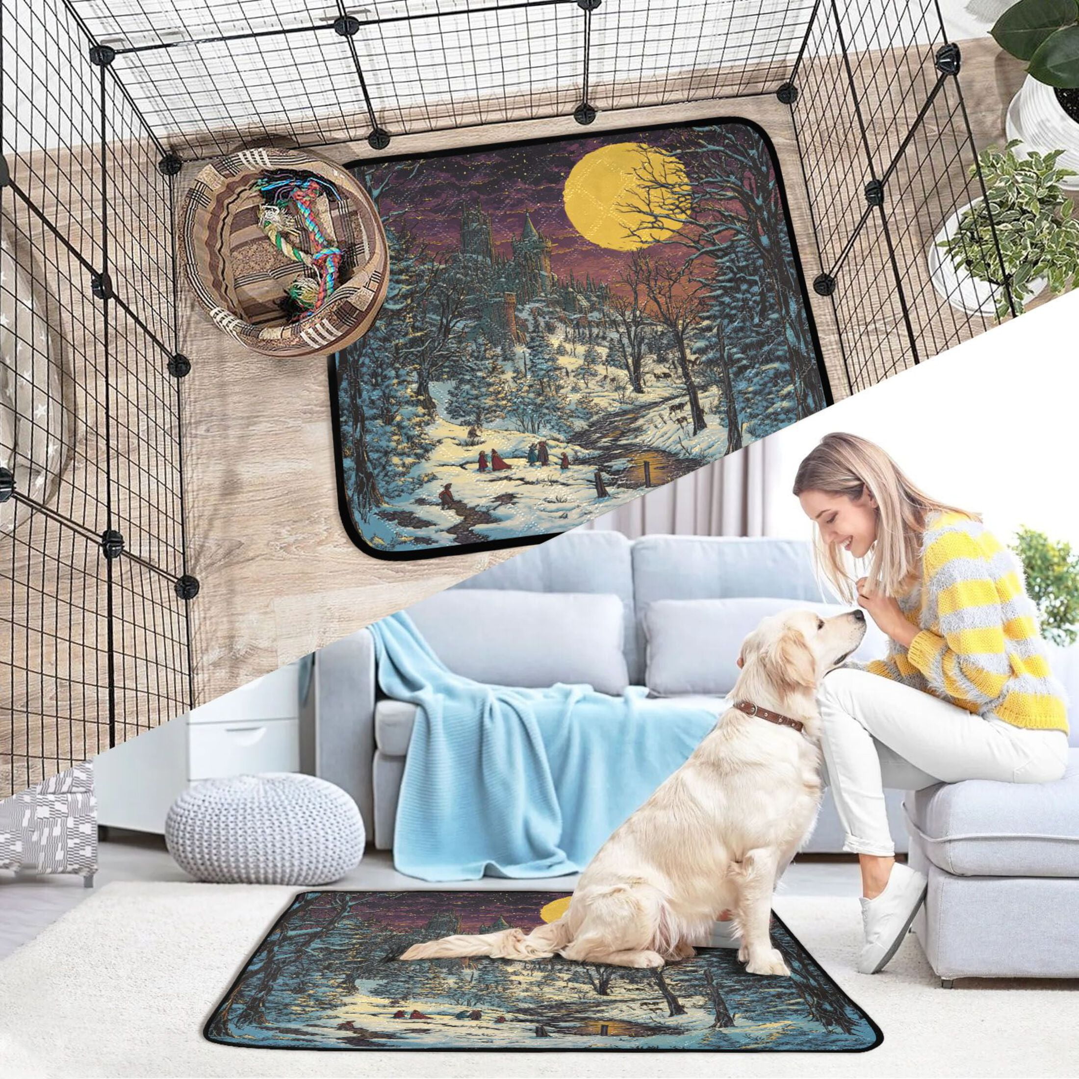 Qxltty Winter Evening Sunset Cat litter Pads Pet Set of 3 Diaper Mats Center Anti-leakage Layer Absorbent Soft and Comfortable