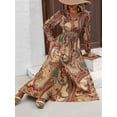 thumbnail image 5 of Women Floral Print V Neck A-Line Maxi Dress Long Sleeves Casual Wrap Autumn Beach Swing Light Brown L, 5 of 9
