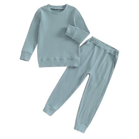 

Wallarenear Baby Ribbed Knit Suit Solid Color Sweatshirt Pullover Tops Elastic Waist Pants