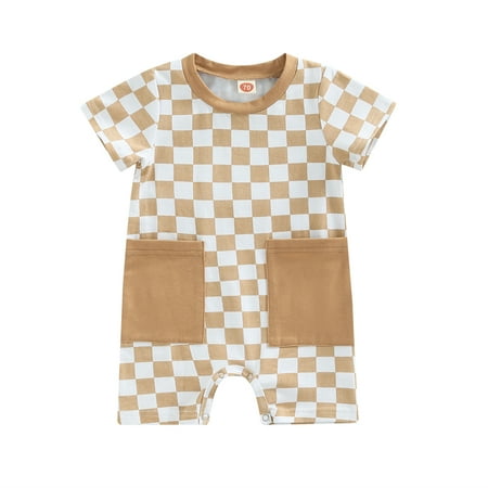 

Newborn Baby Boys Jumpsuit Checkerboard Plaid Print Short Sleeve Romper Bodysuit Playsuit Outfit Summer Clothes