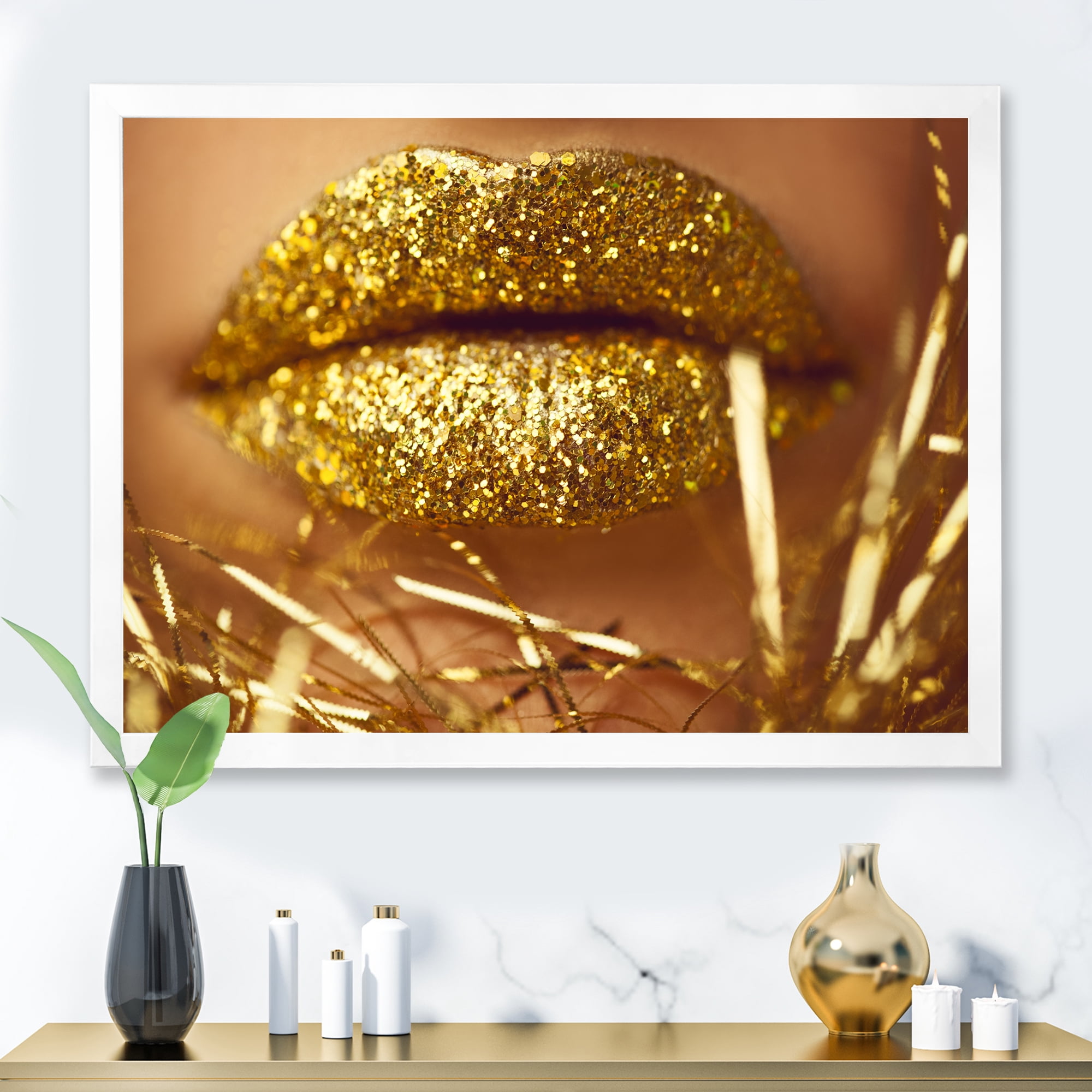 Designart 'Golden Female Lips' Modern Framed Art Print