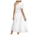 thumbnail image 3 of Usmixi Formal Dresses for Women Beach Fashion One Shoulder Flowy Pleated Swing A Line Long Dress with Belt Slash Neck Short Sleeve Solid Summer Maxi Dress White XL, 3 of 4