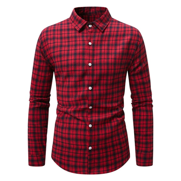 Jinhomg Vintage Plaid Shirt for Men Slim Fit Comfy Long Sleeve Button Down Shirts Lightweight Lapel Collar Casual Shirts Spring Summer Tops Deal of The Day Clearance Red XXL