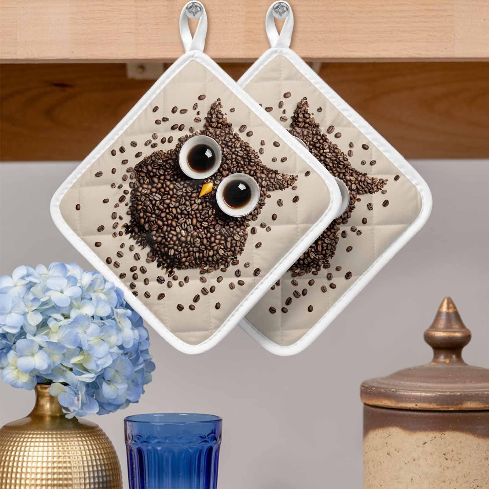 Coffee Owl Pot Holders for Kitchen Heatproof Potholder, 5 Pack Cute Bird Big Eyes Animals Brown Beans Hot Pads Multipurpose Oven Pads Cloth Potholders Trivet for Cooking Baking