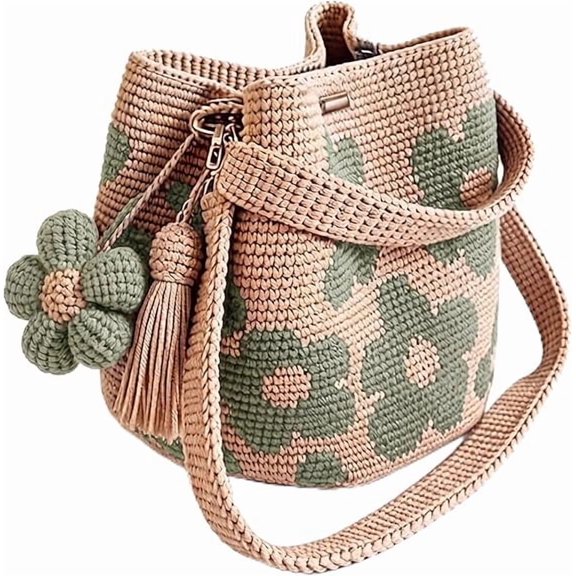 Handmade Crochet Flower Tote, Boho Woven Beach Bag for Women, Cotton Floral Shoulder Purse for Shopping Travel(Green)