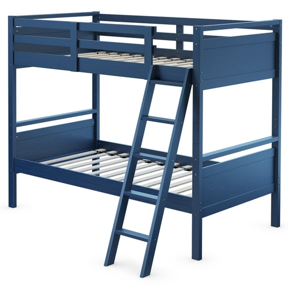 Costway Twin Over Twin Bunk Bed Convertible 2 Individual Beds Wooden Navy