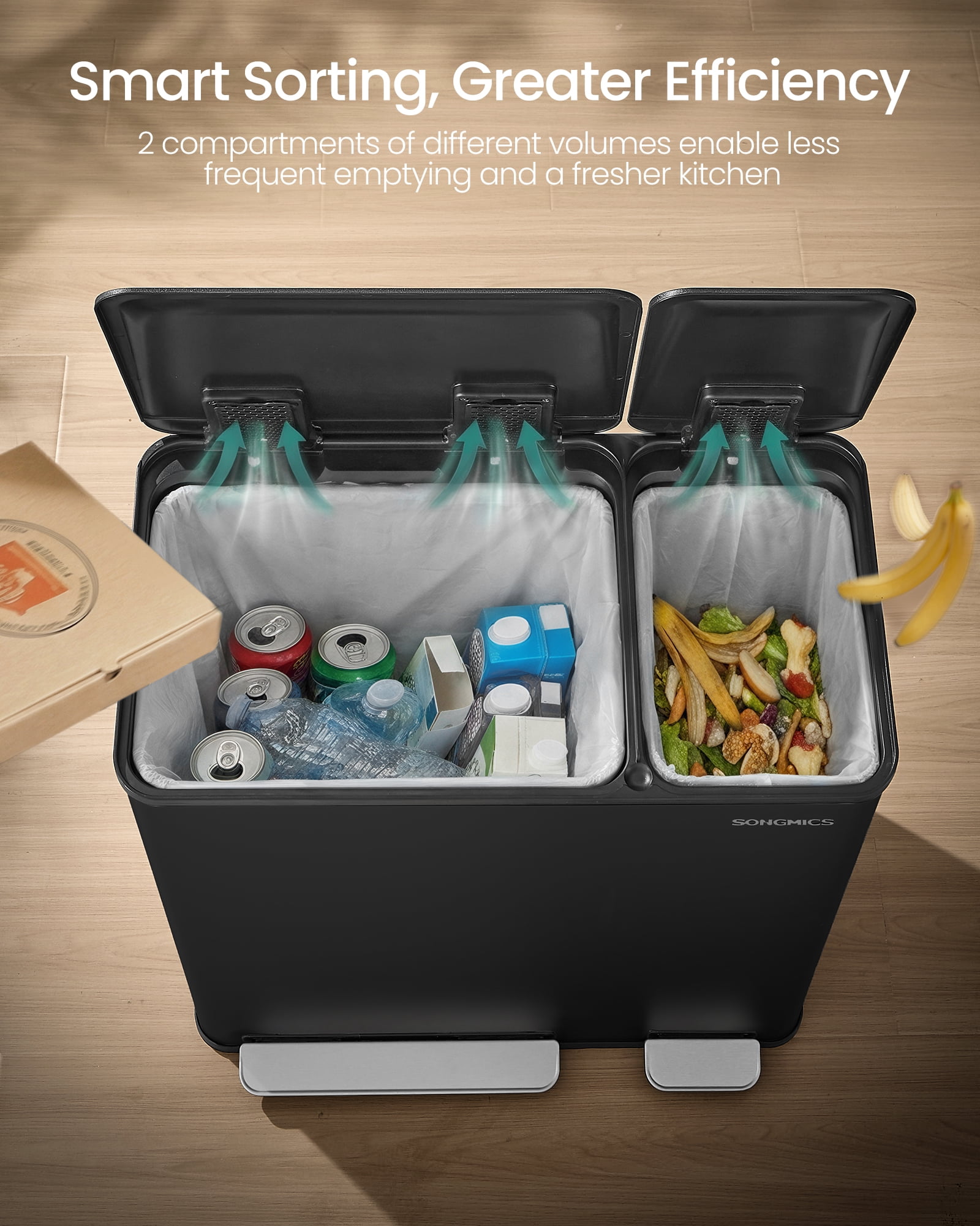 SONGMICS Kitchen Dual Trash Can, 13 + 5.3 Gallon 2-Compartment Trash Bin,Stainless Steel Garbage Can, Pedals, Soft-Close Lids, Inner Buckets, Black